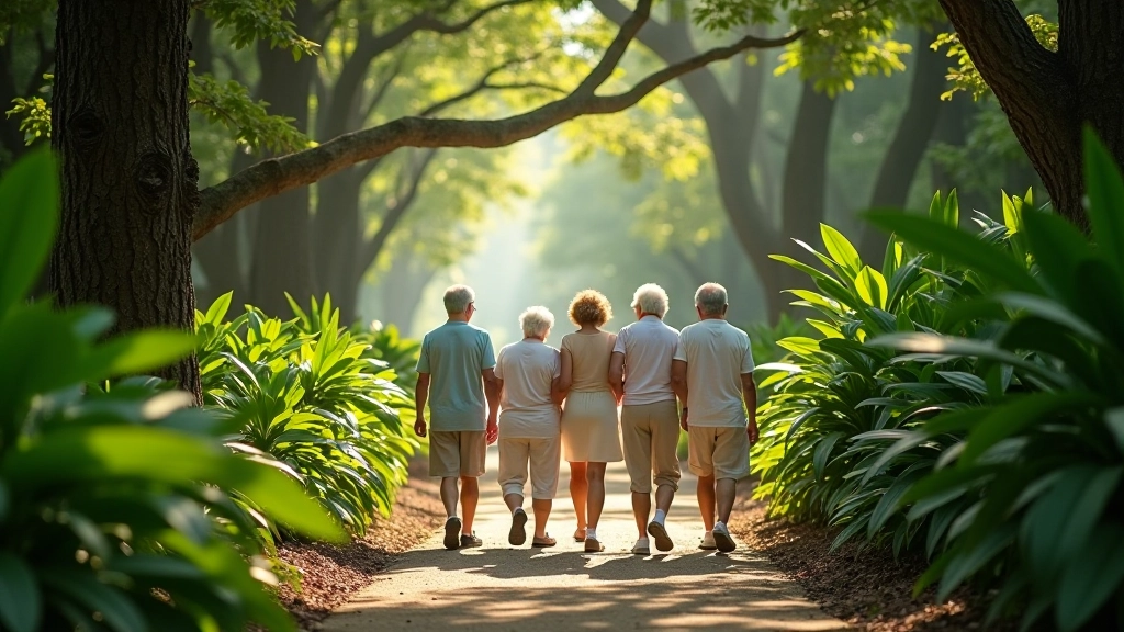 Grupo de jubilados caminando por sendero sombreado del Jardín Botánico