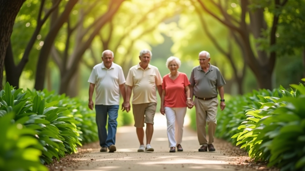 Grupo de jubilados caminando juntos en un sendero del jardín botánico