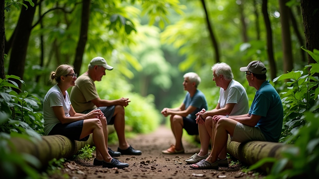 Grupo de caminantes descansando en un área de sombra natural entre árboles tropicales, compartiendo agua y conversación