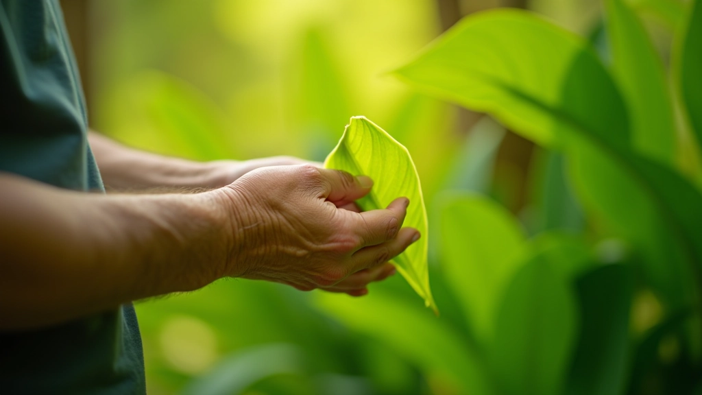 Manos de una persona mayor tocando las hojas de una planta tropical en el jardín botánico