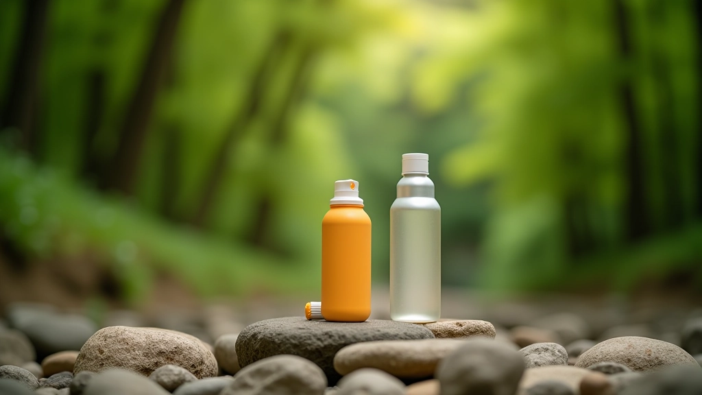 Botella de agua reutilizable con protector solar y pequeña mochila sobre piedras en la naturaleza