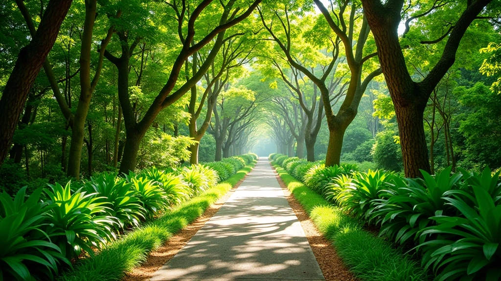 Sendero sombreado del Jardín Botánico con árboles verdes y luz natural matutina