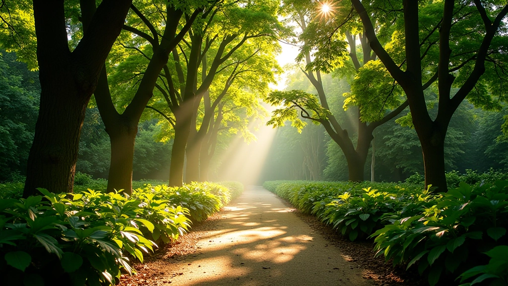 Sendero arbolado en el Jardín Botánico con luz matinal filtrándose entre las hojas