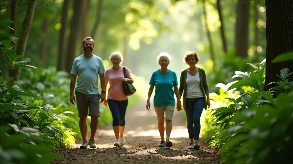 Pequeño grupo de cuatro personas caminando por un sendero sombreado en el bosque subtropical