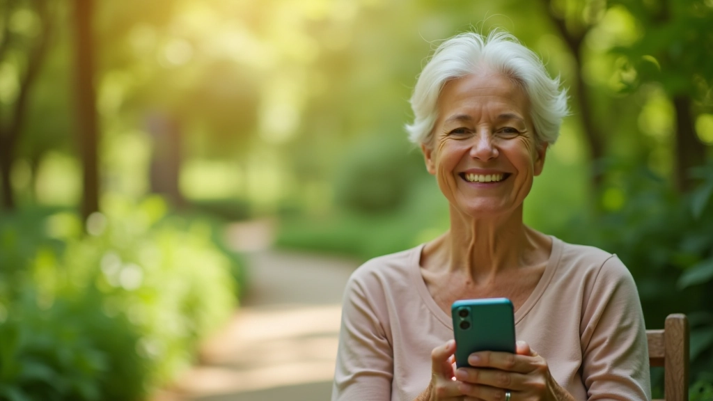 Persona adulta usando teléfono inteligente para enviar mensajes en un grupo de WhatsApp, con vista del jardín de fondo